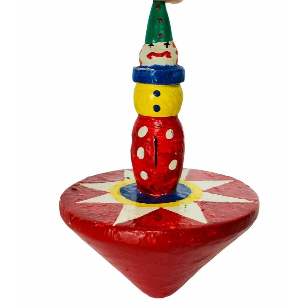 Vintage 40s 50s Colorful Hand Painted Wooden Circus Clown Spinning Top Kids Toy